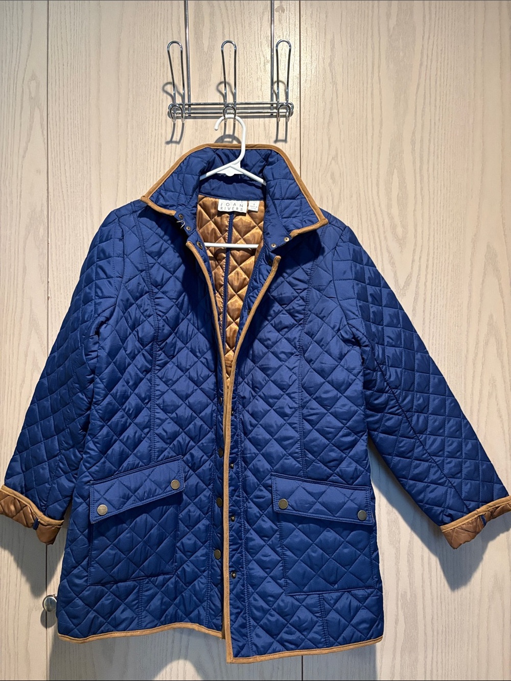 Joan Rivers Navy Quilted Barn Jacket with Tan Trim
